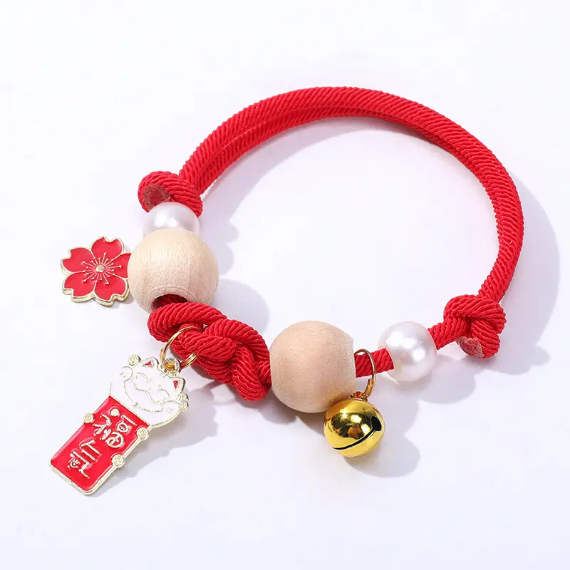 Pet Cat Collar with Bell Ruyi Knot Camphorwood Necklace Insect-Proof Collar Adjustable Hand-Woven Cat Scarf