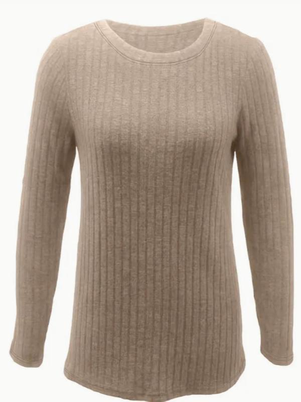 【Plus Size】 Solid Color Round Neck Top, Casual Long Sleeve Crew Neck Top for Fall & Winter, Women's Clothing for Daily Wear 3
