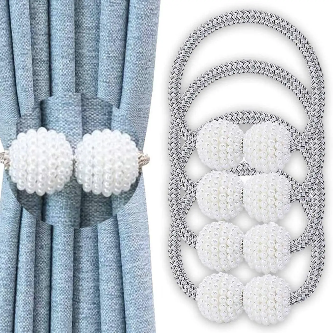 4pcs Random Color Curtain Tieback, Minimalist Faux Pearl Decor Magnetic Curtain Buckle For Home Decor