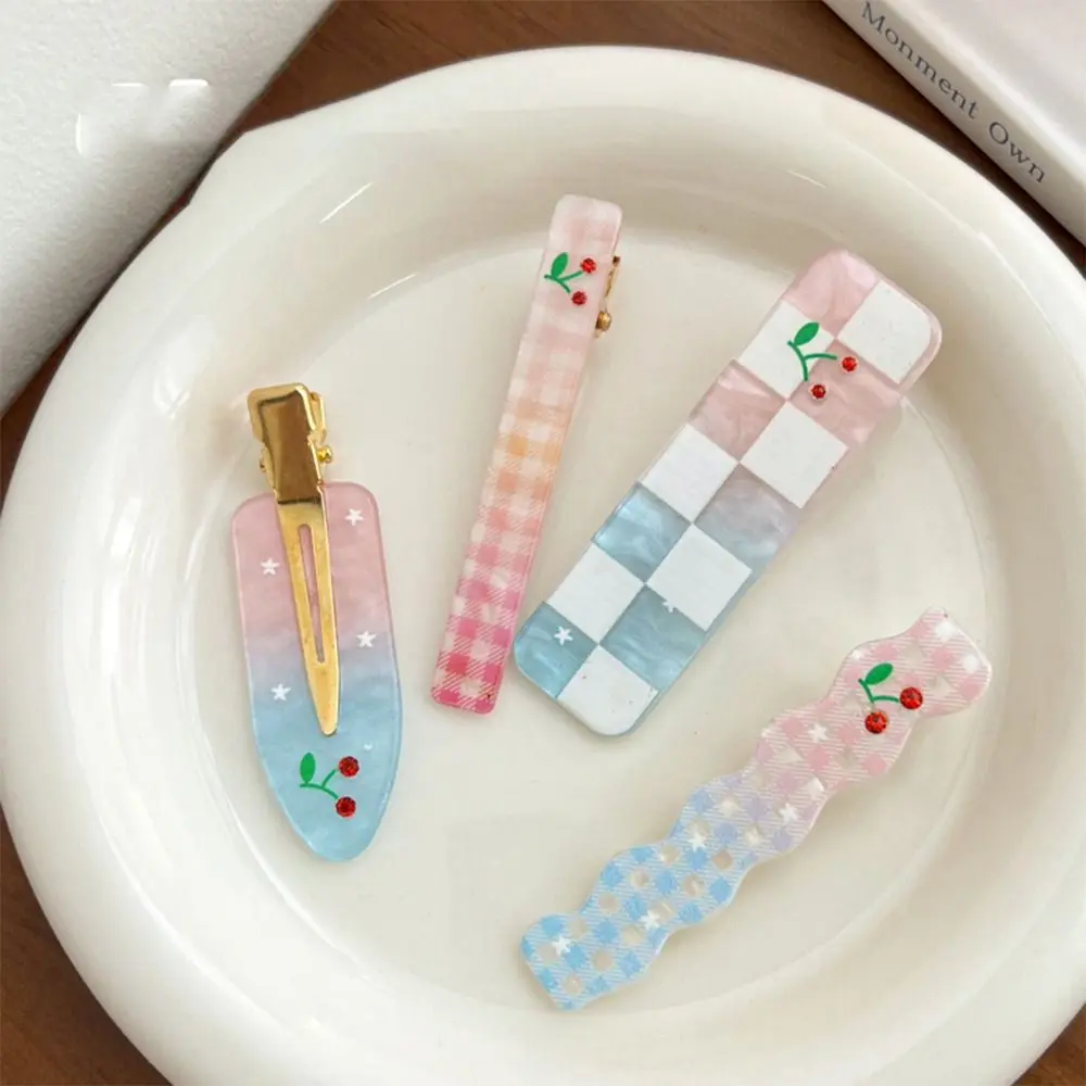 Fashion Traceless Cherry Hairpin Checkerboard Gradient Color Fruit Bangs Clip Simple Geometry Makeup Barrettes Date