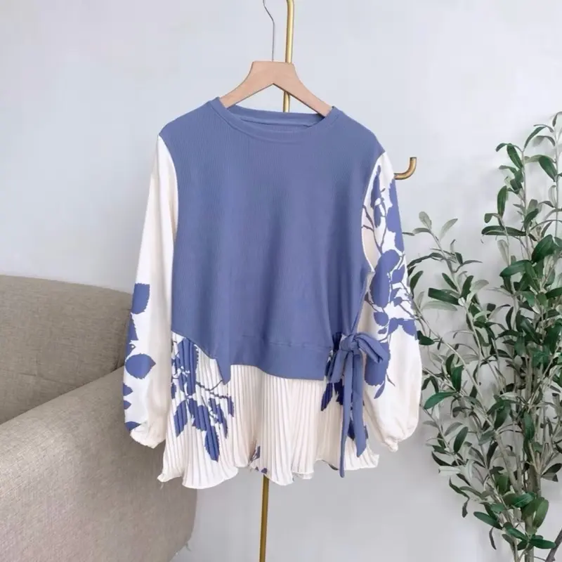 Blouse Wanita Knit Mix Plisket Motif Bunga - BGV 3