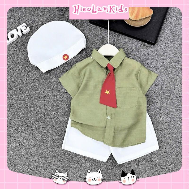 X32 - Bộ quần áo cho bé 4 món, Set áo sơ mi kèm cà vạt và mũ lá cờ đỏ sao vàng cho bé 5