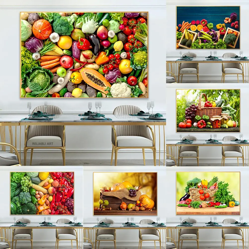 Colorful Fruit  Vegetable Basket Canvas Wall Art for Kitchen and Dining Room Decor Unframed Poster Prints