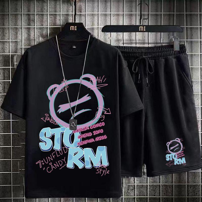 Product Introduction of Casual Sports Suit for Men Summer 2024 New Style Middle School Student Printed T-Shirt Men's Short Sleeve Shorts Trendy 1/2 Piece Fasciitis 27