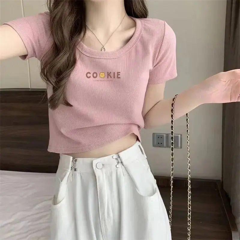 Áo Thun Sợi Lụa Lạnh Hàng Mới Về, Phong Cách Spiry Ngọt Ngào Dáng Ôm, Áo Ngắn Nhỏ Có Vai, ngắn Tay, Dành Cho Nữ, Thời Trang Ins
