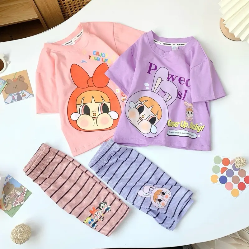 ￼Set 2 bộ quần áo powerpuff họa tiết dễ thương tone màu tím hồng cho bé gái