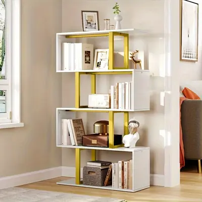 5-Tier Geometric 2024 Bookshelf, Wooden S-Shaped Bookcase