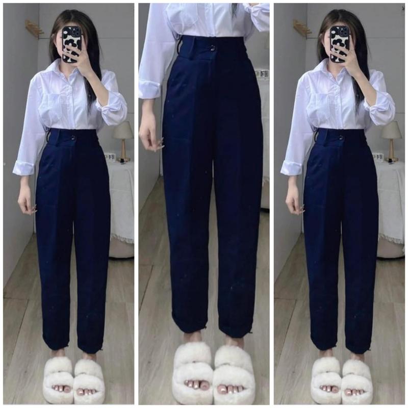 Quần tây baggy nữ lưng cao đi học màu xanh đen cạp có đỉa - Quần vải học sinh…