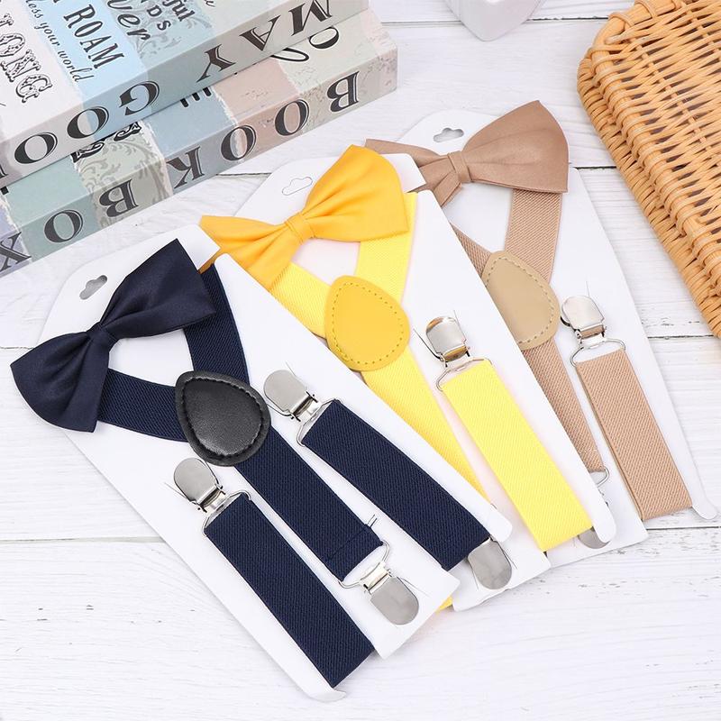Product Introduction of 2 Sets Charming New Fashion Children Wedding Dress Solid Color Hair Bow Set Clip-on Adjustable Kids Suspenders Cow Tie Belts Elastic Braces Printed Bow Tie 17