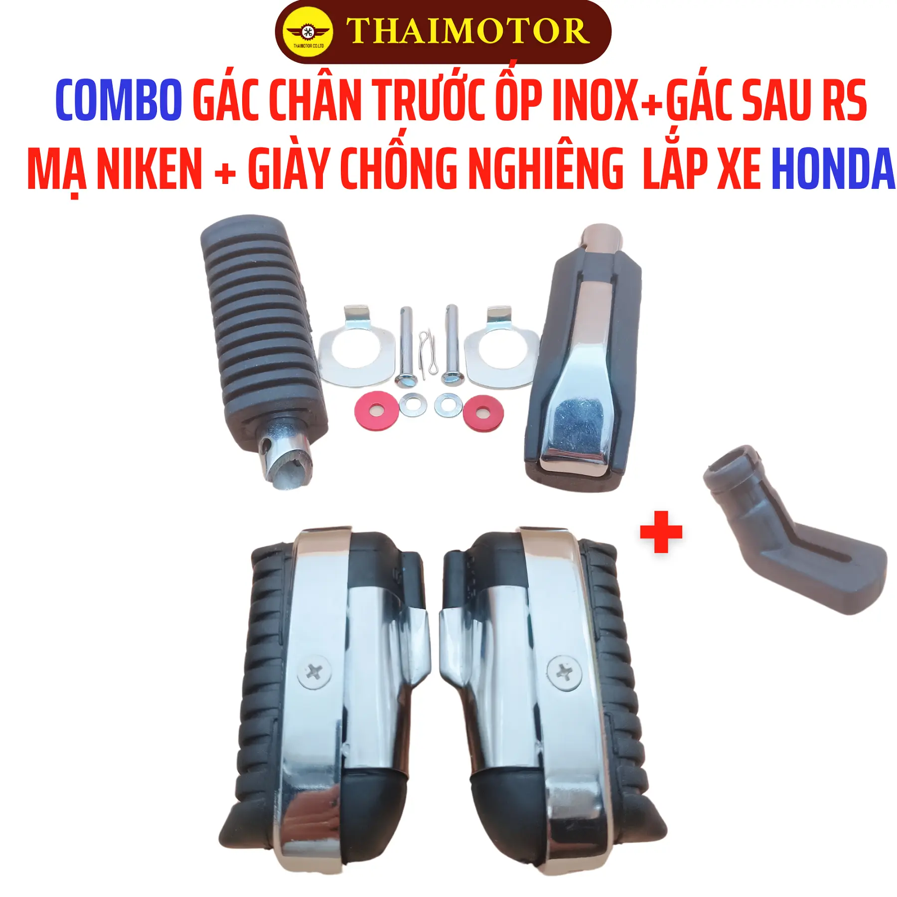 Combo gác chân trước inox, gác chân sau mạ Niken, giày chống nghiêng - Phụ tùng xe Honda cao cấp, bền đẹp