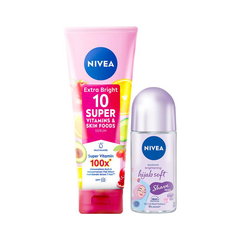 NIVEA Body Care Package - Extra Bright 10 Super Vitamins + Shaveless Deodorant - Mampu  Mencerahkan Ketiak dan Melembutkan Kulit 1
