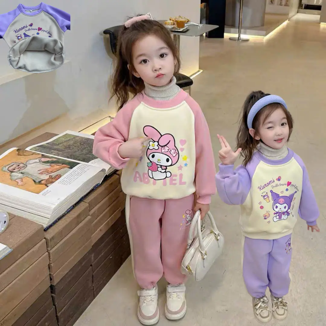 Quần áo trẻ em, bộ nỉ thu đông bé gái họa tiết Kuromi & Melody, chất liệu nỉ bông dày dặn cho bé từ 10-30 kg