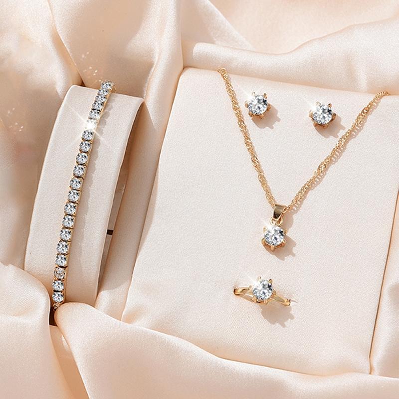 Product Introduction of 4Pcs Elegant   Sets For Women Necklace Earrings Ring Bracelet Princess  Bridal Wedding Set Valentine's Day 18