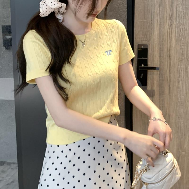 Product Introduction of New Style Braided Embroidered Short Sleeve Knitted Top for Women Korean Style Slimming Short Top 17