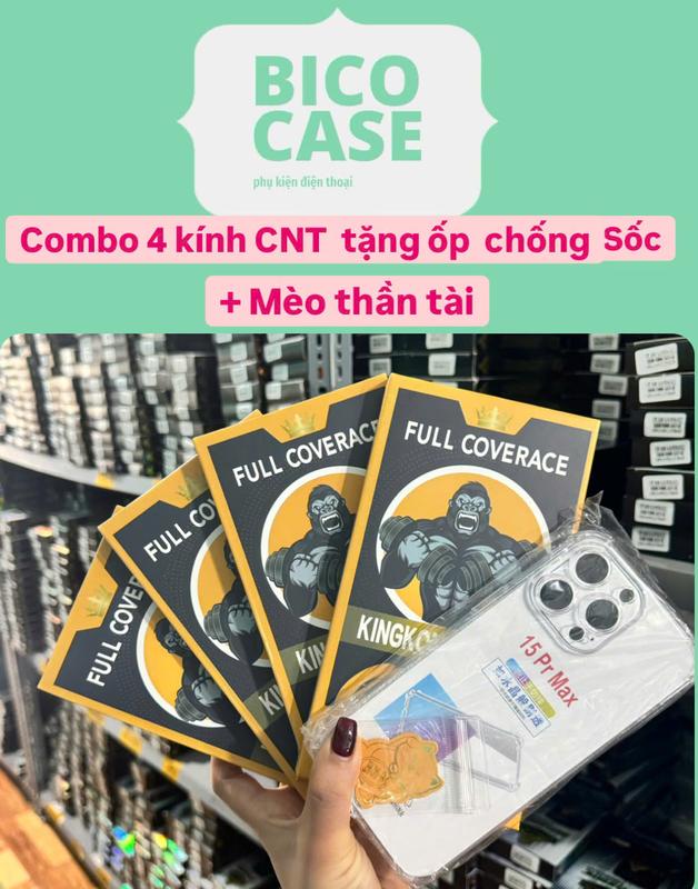 ( Combo 6 món ) combo 4 kính cường lực KingKong iphone chống nhìn trộm , có khung trơ dán tại nhà tặng kèm ốp chống sốc + mèo thần tài , Bico case màn hình