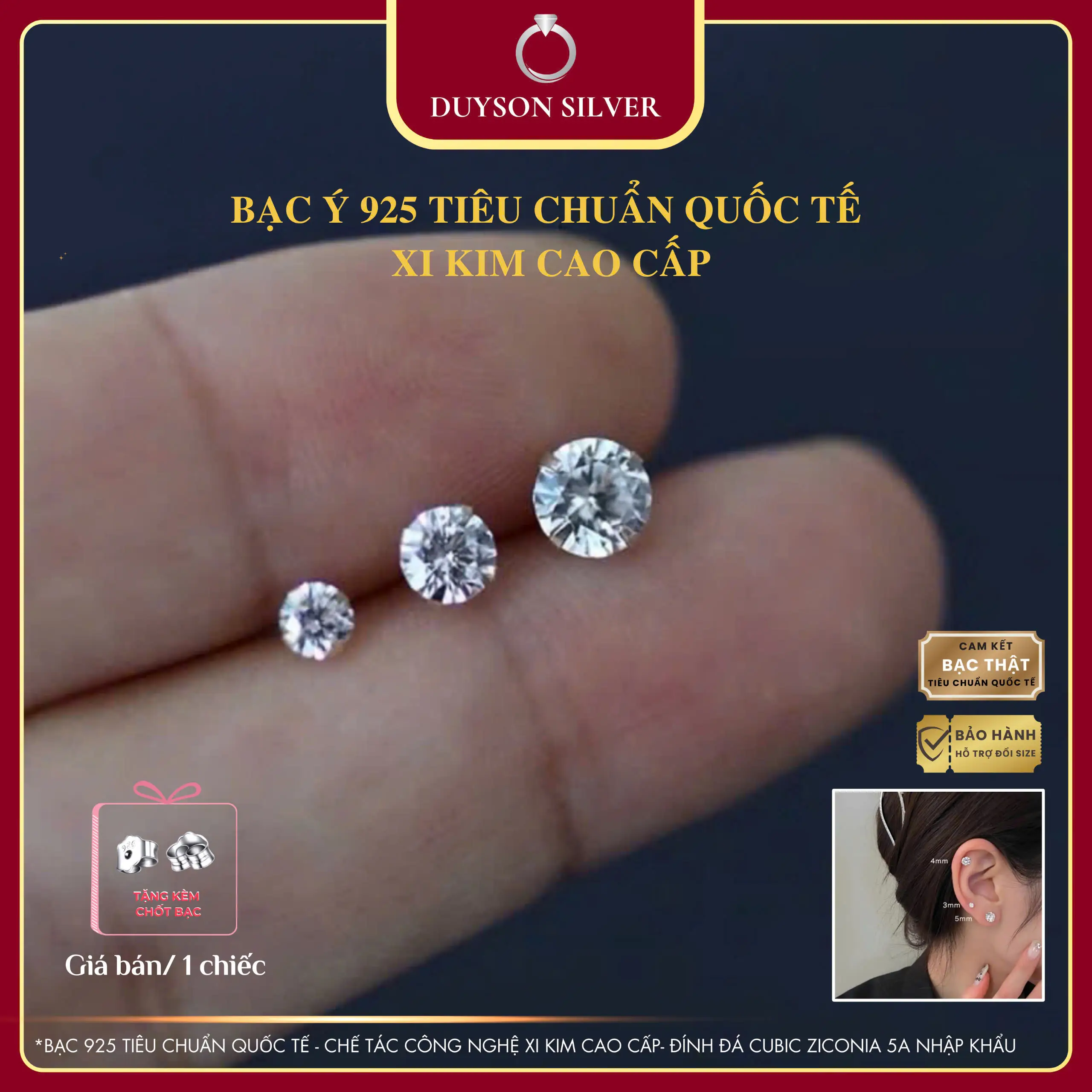 Khuyên tai nam nữ Duyson Silver bạc 925 nụ đá tròn nhiều kích cỡ KNXK44