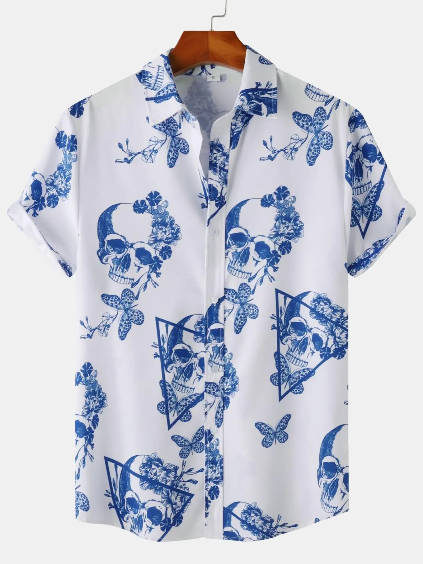 Men's Skull & Bule Floral Print Button Front Shirt, Regular Fit Casual Short Sleeve Collared Top for Summer, Men's Clothes for Daily Wear