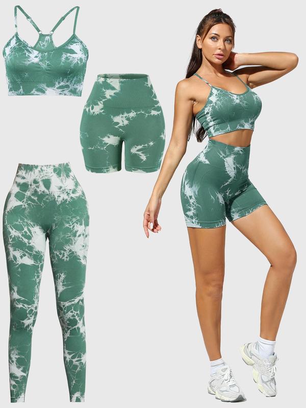 Three-piece Set Women's Tie Dye Print Tracksuit Set, Casual Sports Bra & High Waist Leggings & Biker Shorts, Ladies Sportswear for Yoga Gym Workout 4
