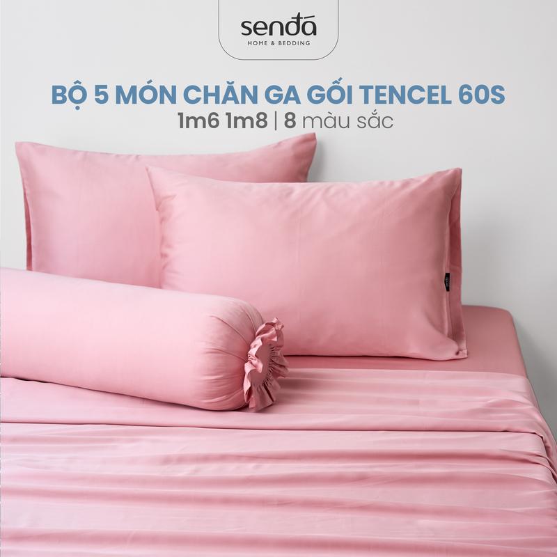 Bộ chăn ga gối 5 món Lụa Tencel Sen Đá Home Bedding cao cấp trơn màu, Set drap giường nệm 1m6 1m8 Lyocell Satin 60S