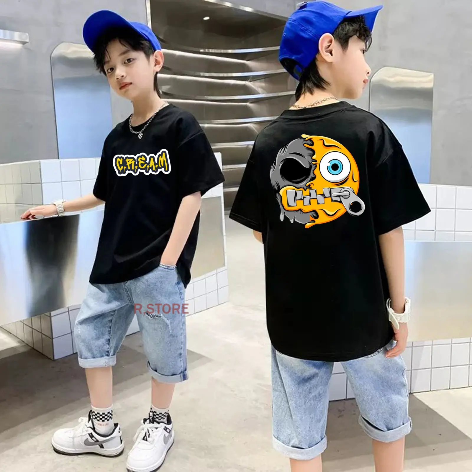 Kaos Distro Anak Motif Cartoon Cream Digital Printal Bahan Premium Catton Combed Umur 3-12 Tahun A54-01 Fashion