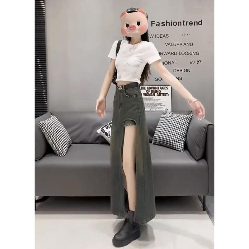 Chân Váy Denim Cạp Cao Thiết Kế Đính Cườm, Kiểu Hai Mảnh Bên Hông, Dành Cho Nữ, Hàng Mới Về Mùa Hè 2024, Cô Gái Nóng Bỏng Dài Trung Bình Thiết Kế Xẻ Tà, Thời Trang Women Khuy 2