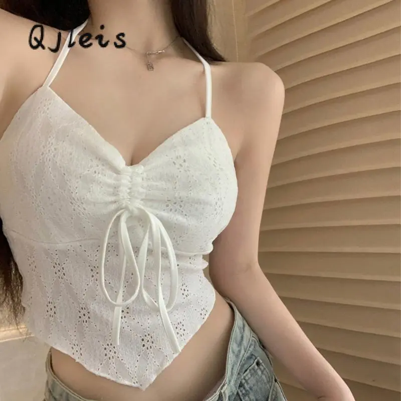 Women's Halter Neck Cami Tops Sleeveless Eyelet EmbroideryFit Camisole Smocked Shirts