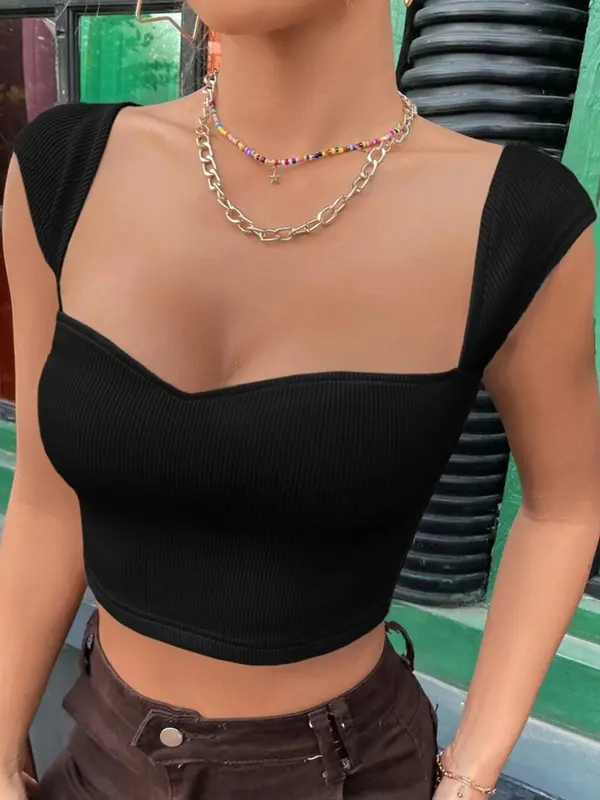 Women's Solid Ribbed Crop Top, Casual Sleeveless Cropped Top for Summer, Fashion Women's Top for Daily Wear 3