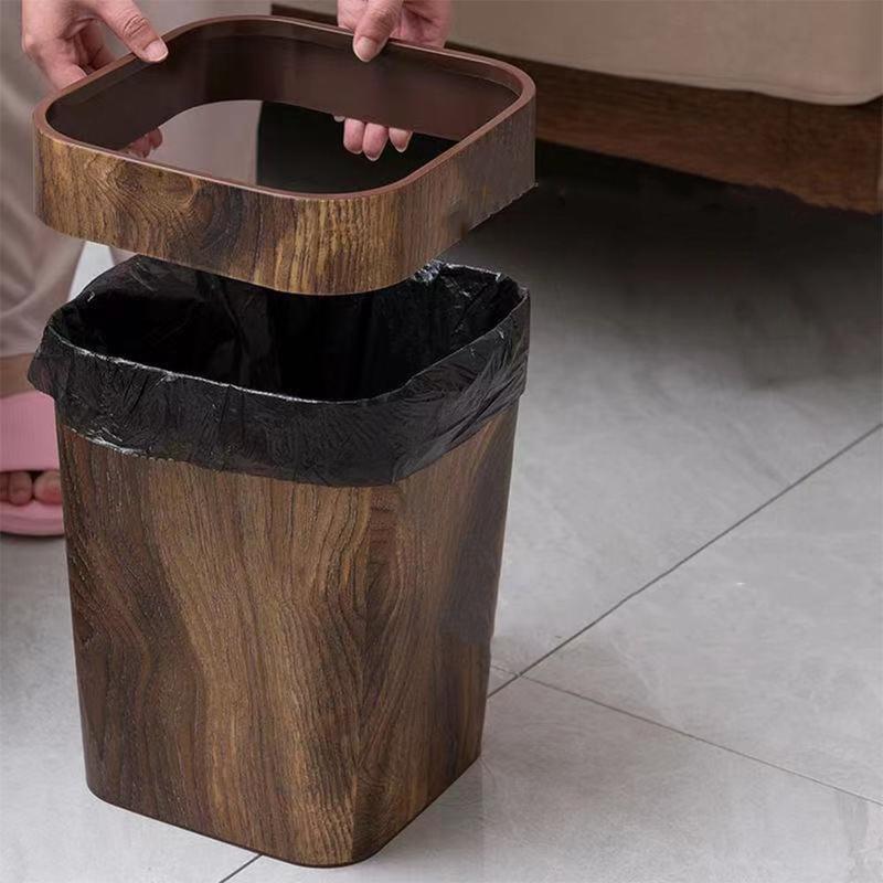 Product Introduction of Wastebasket Plastic Trash Can Large Capacity Mimetic Wood Grain Waste Bins Retro Square Garbage Bucket Household 9