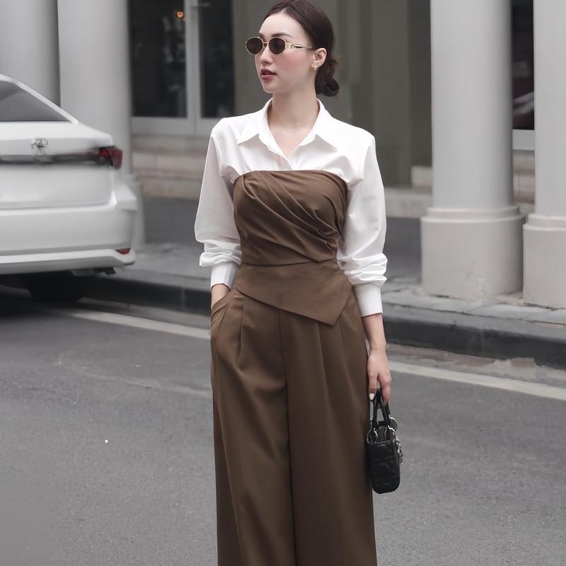 Sét Công Sở Thiết Kế: Hà Anh áo sơ mi trắng nâu sếp ly phối quần xuông ống rộng sang chảnh F56 - Nử
