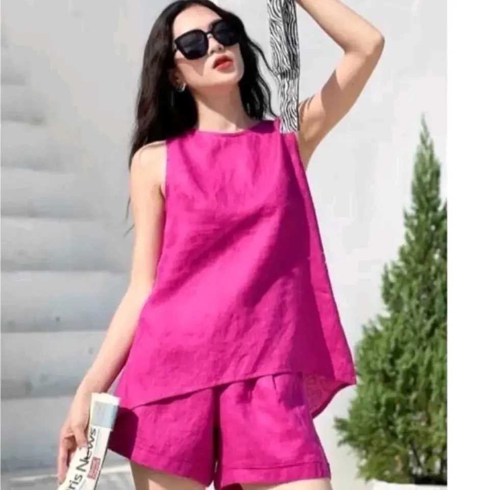 Đồ BỘ CỔ TRÒN ĐŨI CHON VẠT SÁT NÁCH SÀNG TRỌNG THOÁNG MÁT XINH (3SIZE 45~70 KG ) Nữ Women Thun giặt bằng nước lạnh 【set】red có thể giặt máy ời trang Áo