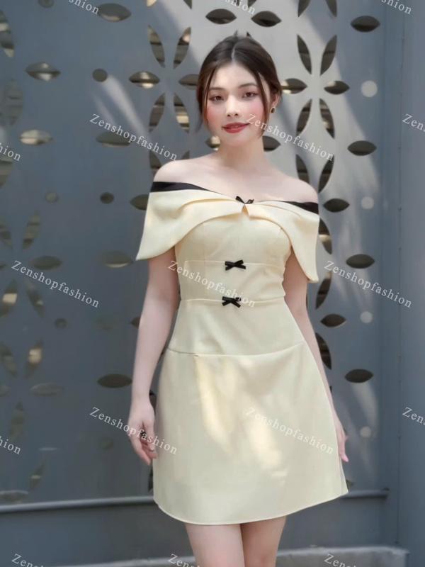 Đầm dự tiệc trễ vai dáng chữ A tôn dáng đính kèm nơ trẻ trung, xinh xắn _ CAPY dress 2