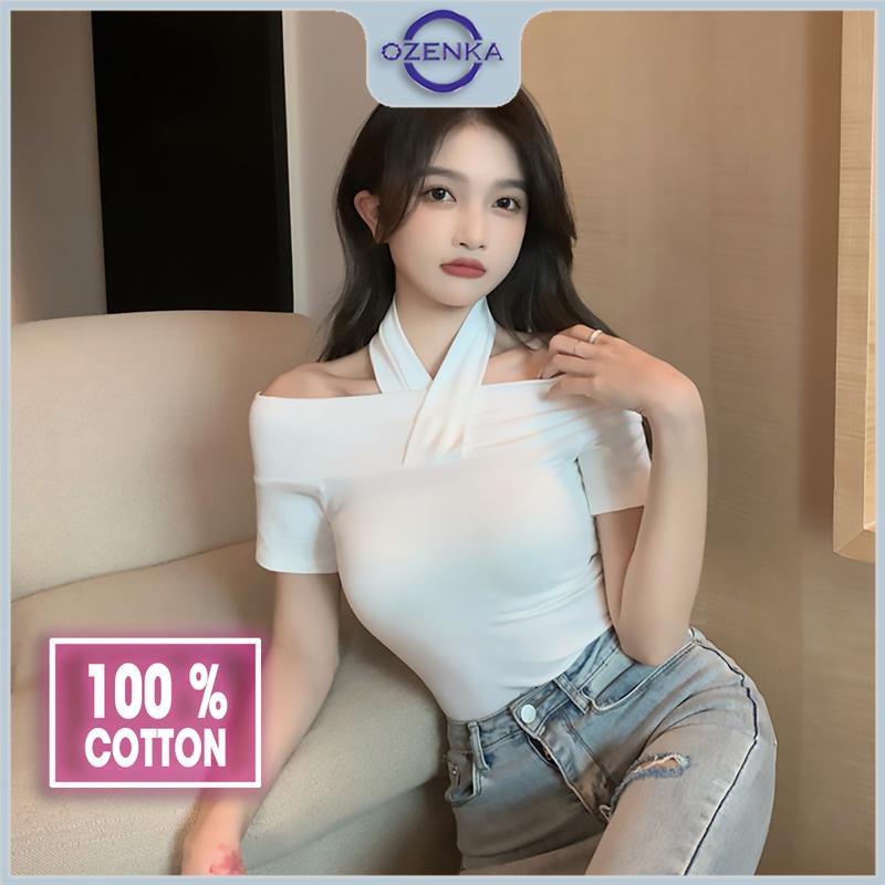 Áo croptop trễ vai tay ngắn ôm nữ Ozenka , áo crt kiểu cổ v thun cotton màu đen trắng dưới 55 cân Sơ Mi Jean Cổ Tròn