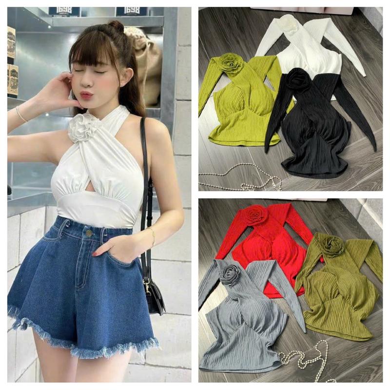Áo thun áo croptop cột dây đính bông siêu xinh 131 Nữ Women Voi