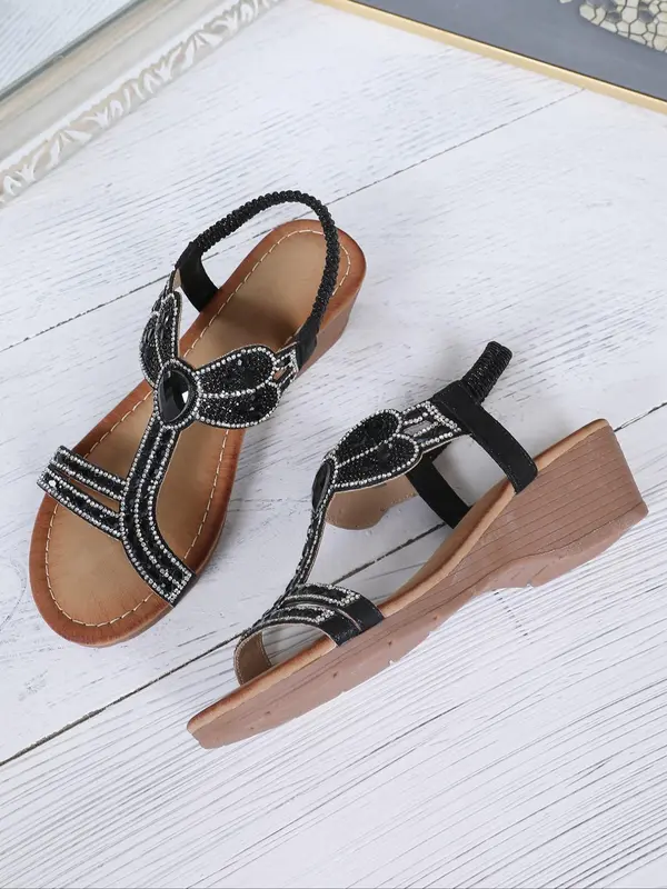 Women's Fashionable Rhinestone Decorated Slip on Wedge Sandals, Boho Style Open Toe Sandals for Beach Vacation, All-match Casual Versatile Shoes for Daily Wear, Summer 5