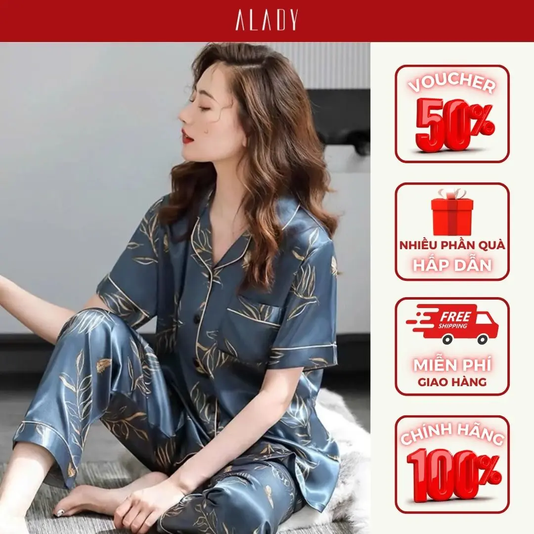 ALADY TN050 - Đồ bộ nữ Pijama tay ngắn hoạ tiết cây với chất liệu lụa Latin  Áo Ngủ Voi