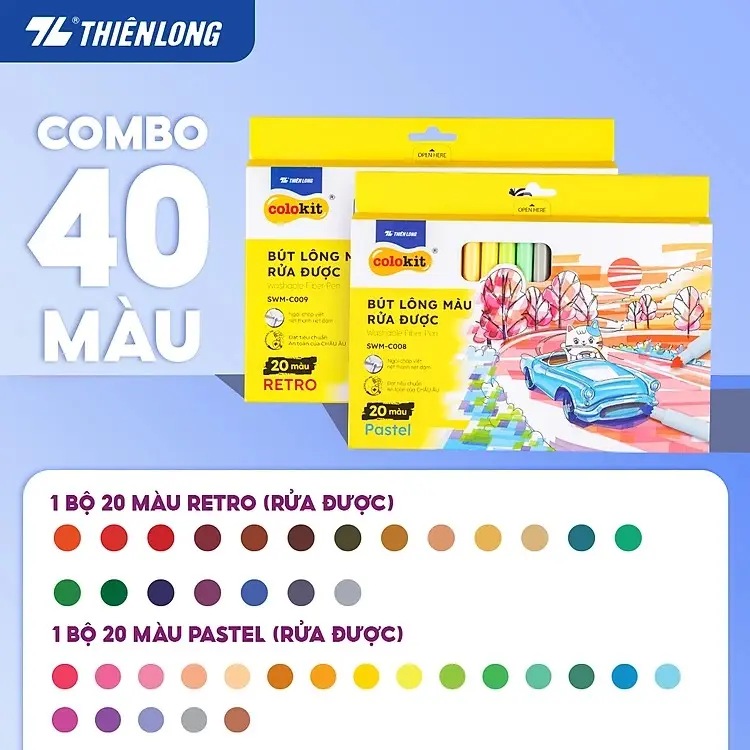 Combo Bút lông màu SWM-C009 ( Retro ) và SWM-C008 ( Pastel)  Fiber  Pen Thiên Long Colokit  40 màu rửa được an toàn sử dụng tô màu, vẽ tranh, calligraphy