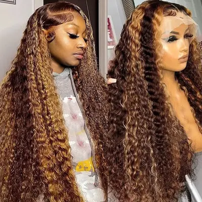 Water wave brown curly 2024 h.d lace front wig with balayage blonde ash highlights