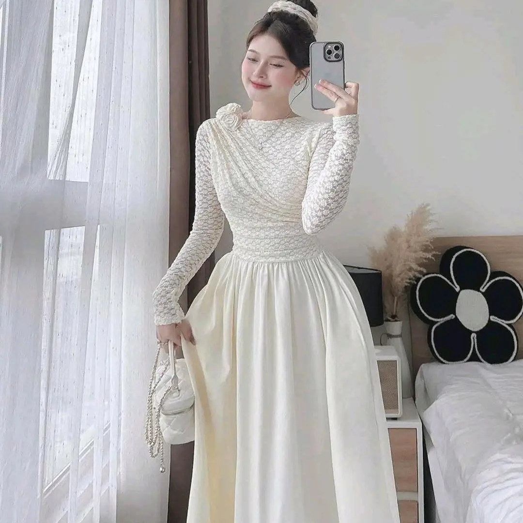 Đầm tk len ren cao cấp phối tùng cotton lạnh đính bông hồng tay dài cao cấp chuẩn hình dành cho các chị em đi chơi đi tiệc lễ tết cực xinh Dress Women Nữ