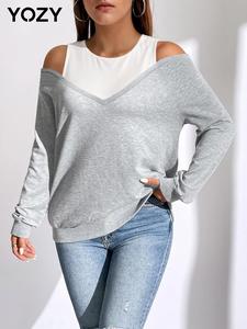 YOZY Women's Colorblock Cold Shoulder 2 in 1 Pullover Sweatshirt, Casual Long Sleeve Cut Out Pullover for Fall & Winter, Women's Clothes for Daily Wear