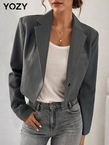 YOZY Women's Solid Button Front Crop Blazer, Elegant Long Sleeve Lapel Neckline Outerwear for Work Office Business, Ladies Spring & Fall Clothes