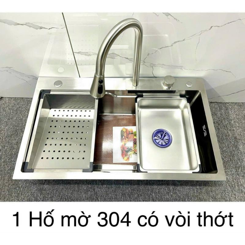 Chậu Rửa Bát 1 Hố Inox 304 - Bồn rửa chén 1 ngăn 75x46 có thác nước - Màu Inox