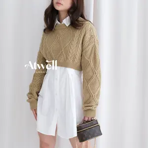 Atwell Apparel - Beatrice Cable Knitwear Crop Sweater - Atasan Wanita Basic - Top Outer Baju Stretch