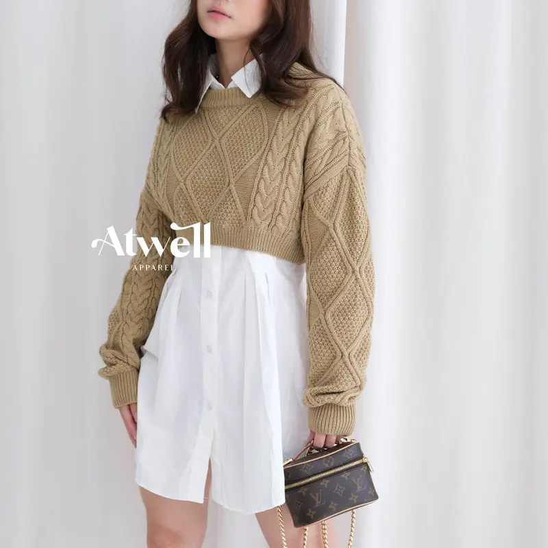 Atwell Apparel - Beatrice Cable Knitwear Crop Sweater - Atasan Wanita Basic - Top Outer Baju Stretch 0