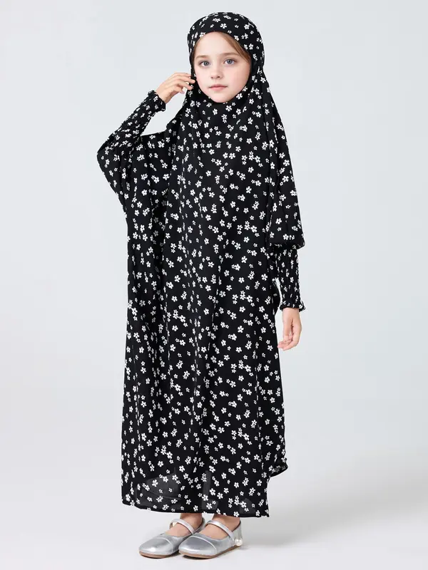 Girl's Ditsy Floral Print Hooded Abaya, Modest Long Sleeve Hooded Dress for Summer, Kids Clothes for Daily Wear 5