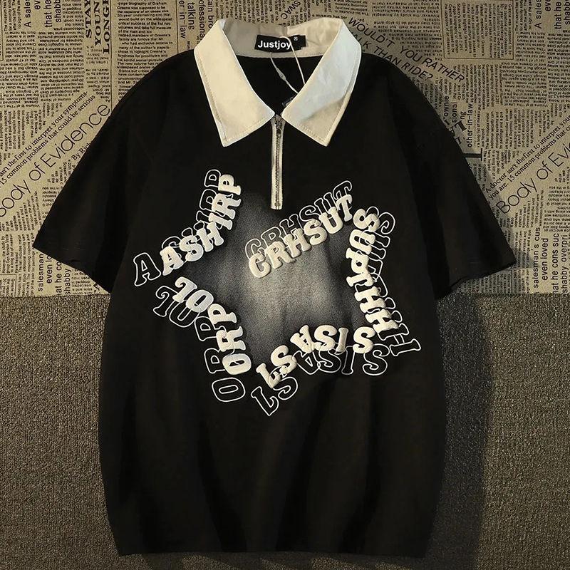 Product Introduction of [ 27k Favorites] American Retro Star Polo Collar Short Sleeve T-Shirt Unisex Loose Fit Hong Kong Style Vintage Half-Zip Couple Top 6