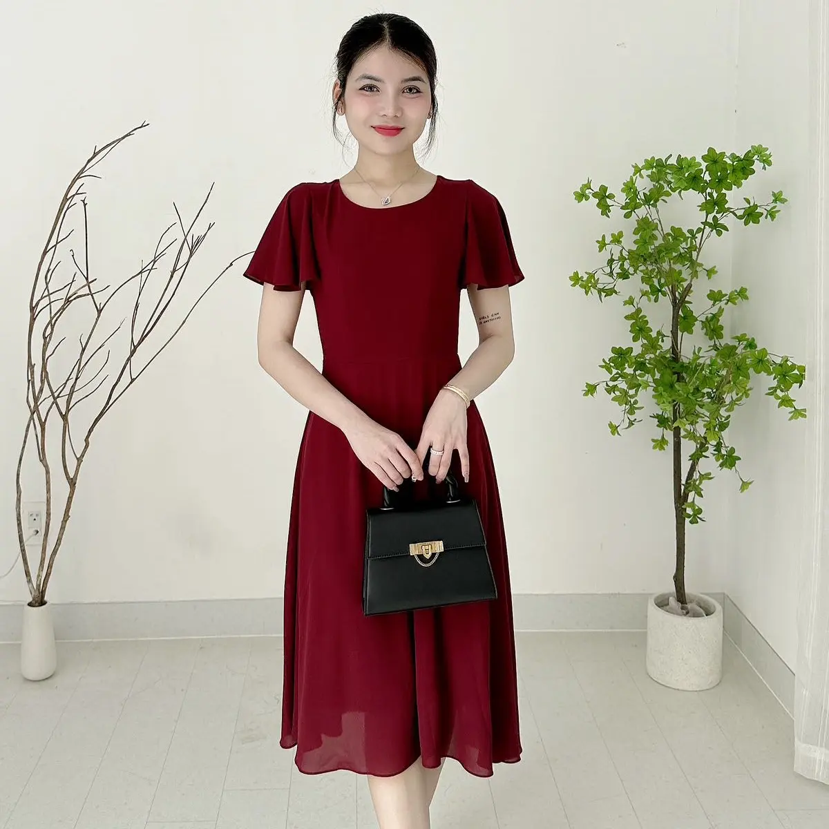 TD196 đầm xòe A che khuyết điểm trung niên màu sắc trơn đơn giản sang trọng có đủ size 45-95kg Nữ Women Dress Voan Voi