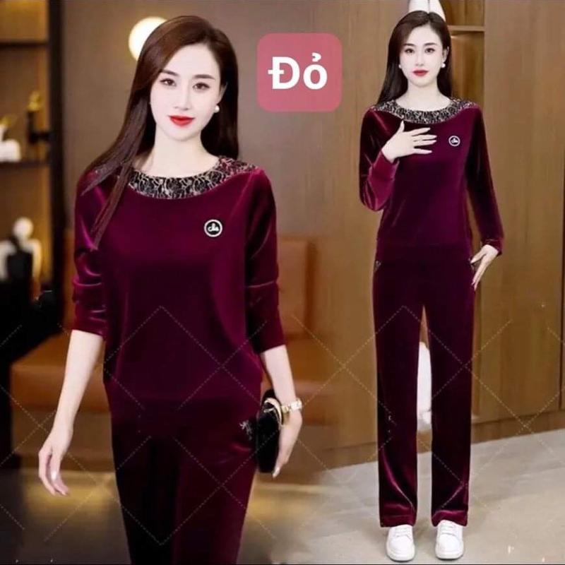 Đồ bộ nhung cổ tròn phối beo tay dài quần dài cho nữ - Women dobo tay 0