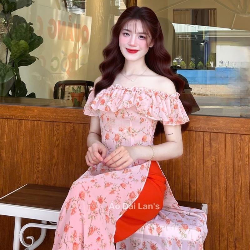  Bộ áo dài Lan's Von Bông  cổ hở BẸT VAI gợi cảm dễ thương kèm quần lụa Tằm Ý sang trọng 