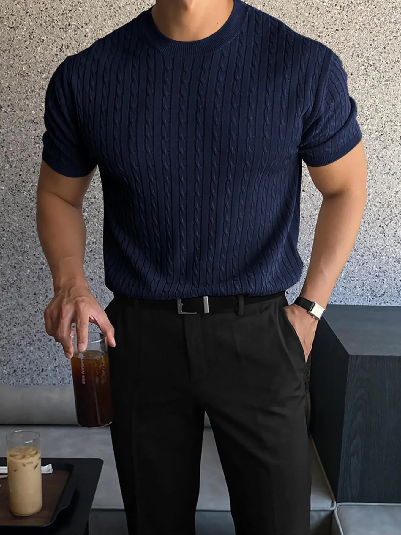 Men's Slim Solid Round Neck Knit Top, Casual Short Sleeve Crew Neck Knitwear for Summer, Fashion Men's Knit Clothing for Daily Wear