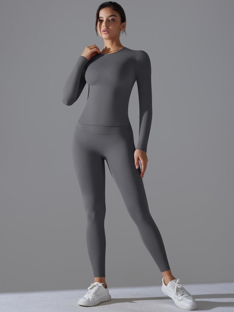 Product Introduction of Women's Solid Long Sleeve Tee & Leggings Sports Set, Sporty Casual Comfy Breathable Two-piece Outfits for Yoga Gym Workout Running Fitness, Ladies Sportswear for All Seasons, High Stretch Tracksuit 5
